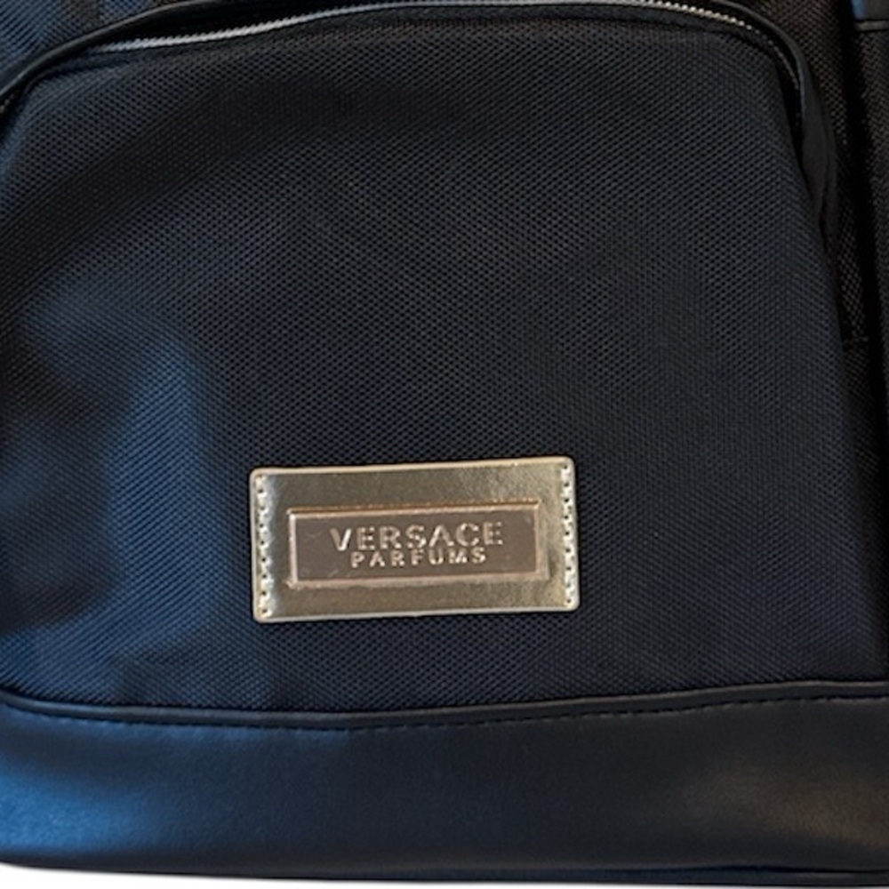 Versace Parfums Black Nylon Backpack Gold Logo Greek Key Straps NWOT - Picture 2 of 16